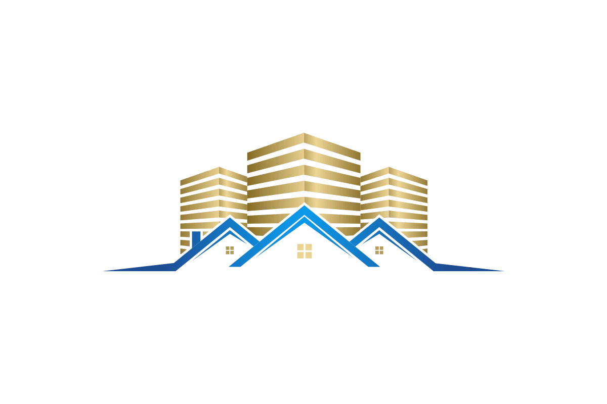 Modern Real Estate Logo with Golden Buildings and Blue Roofs
