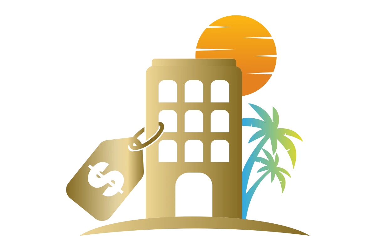 Luxury Hotel Investment Logo Featuring Sun and Palm Trees