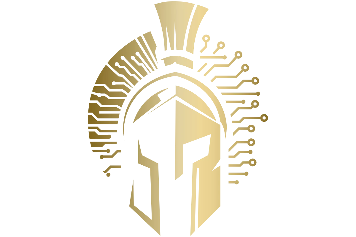 Futuristic Spartan Helmet with Digital Elements in Gold